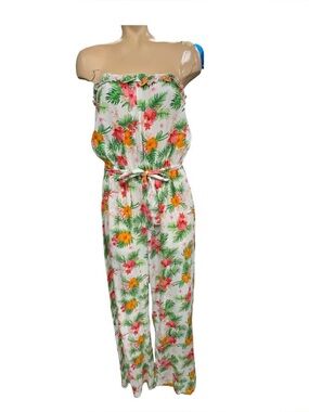 Love By Chelsey Tropical Floral Strapless Jumpsuit White with Green Pink Print